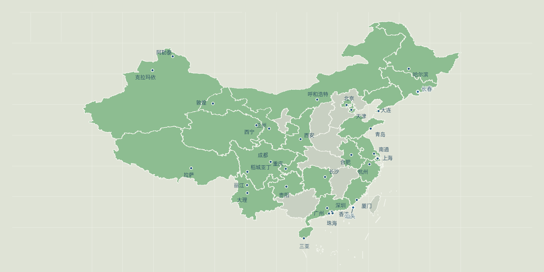 按到访城市和省份标注的中国地图